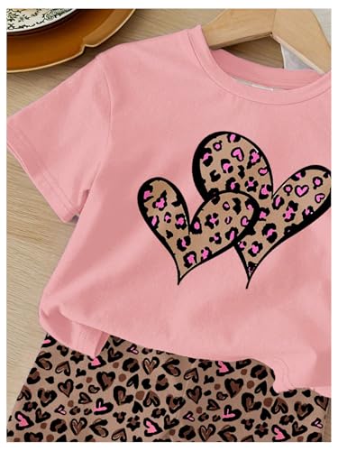 Verdusa Toddler Girl's 2 Piece Heart Leopard Print Outfits Short Sleeve Tee Top and Biker Shorts Set4