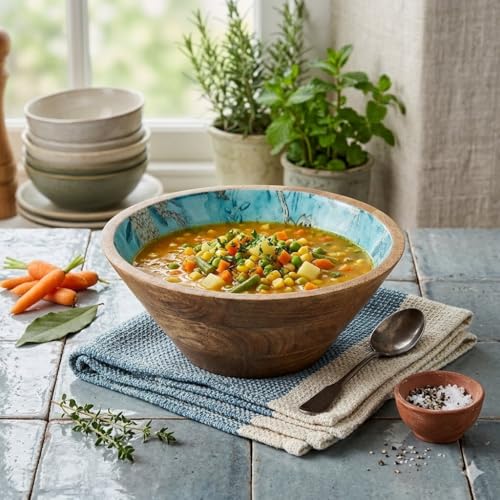 Image of SAAGA Printed Mango Wood Serving Bowl - 10 x 4 Inch Handcrafted Round Wooden Bowl | Food-Grade Finish for Noodles, Soups, Curries & Snacks - Marine Blue