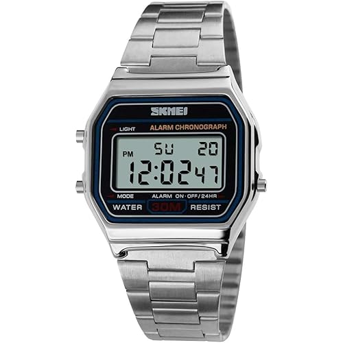Men's Digital Watch Stainless Steel Band Water Resistant Electronic Square LED Back Light Wristwatch Silver