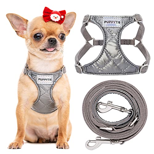 Puppytie No Pull xs Dog Harness with Multifunction Dog Leash,Soft Adjustable No Choke Escape Proof Pet Harness Vest,Glossy Grey,XXS