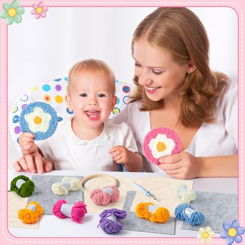 Image of WATINC Flower Punch Needle Coaster Kit - 22Pcs Easy Art Work Decor Craft Supply for Beginners, DIY Set of 6 Flowers Pattern Tufted Rug Pads with Adhesive Felt Yarns Embroidery Hoop Tools Instruction