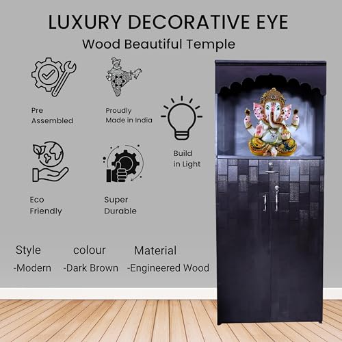 Image of Engineered Wooden Beautiful Temple for Home | Already Assembled Pooja Mandir with Drawer | Corian Design Devghar Pooja Unit (Dark Brown, LxWxH-33x76x182 cm)