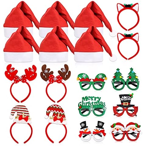 EEOCWF 18 Pcs Christmas Glasses Frame Christmas Headbands Christmas Hats Set, Hair Hoop Eyewear Eyeglasses Christmas Decoration, Santa Hat Christmas Photo Props for Xmas Party Supplies Holiday Favors Cover
