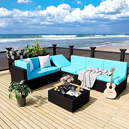 Pamapic 7 Pieces Patio Furniture,Outdoor Rattan Sectional Sofa Conversation Set with Tea Table and Washable Cushions, Blue