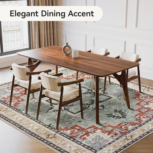 Lofus 6x9 Area Rugs for Living Room, Floral Washable Area Rug for Bedroom, Office, Dining Room, Non-Slip Vintage Boho Rug, Low-Pile Soft Carpet, Traditional Oriental Style, Beige Orange