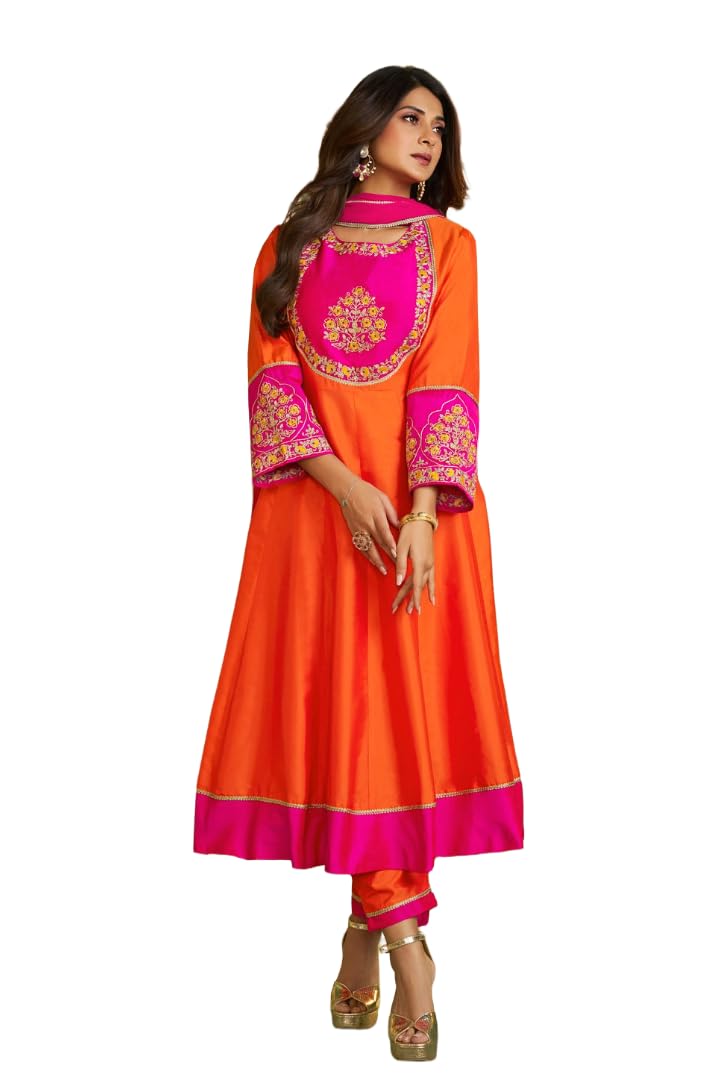 ONPEAK Women Anarkali Salwar Suit Set Embroidered Festive Party Wear Ethnic Outfit (US, Alpha, Medium, Regular, Regular, Orange)