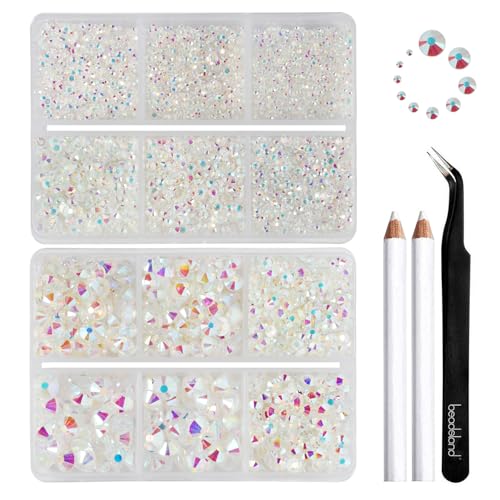 Image of Beadsland Flatback Rhinestones, Transparent AB, 8300pcs Mixed 10 Sizes | Crystal Rhinestone Round, for Crafts Nails,With Wax Pencil and Tweezers Kit , SS3-SS30