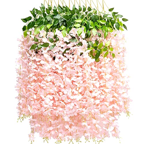 Image of Tdas Artificial Flower Wisteria Hanging Vine for Home Decoration Plants Plastic Flowers Decor Items Decorative Bunch Creepers Garlands Leaves Wedding Room, 110 CM (Light Pink, 12)