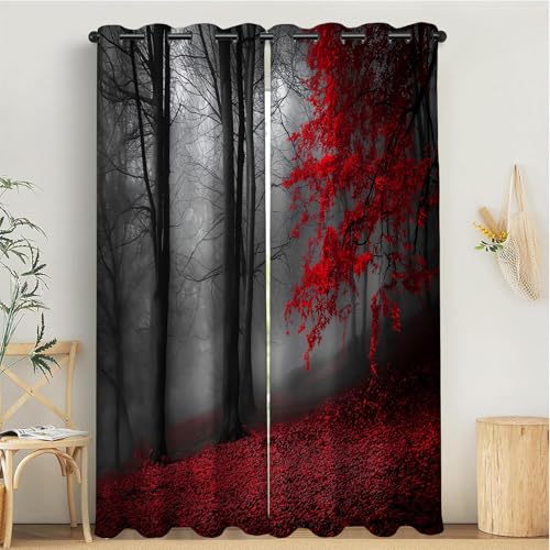 MULERN 3D Cortina Opaca 2 Piezas Cortinas Salon, Fantasía Niebla Bosque Termicas Aislantes Frio Y Calor, Cortinas Poliéster Rojo grisáceo para Ventana Dormitorio 140An x 200Al cm con Ojales