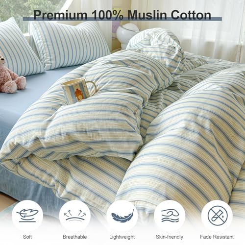 Image of EAVD Vintage Striped Duvet Cover Queen Soft 100% Muslin Cotton Linen Feel Gauze Farmhouse Blue Vertical Striped Pattern Bedding Set for Men Women Reversible Geometric Duvet Cover with Zipper Closure