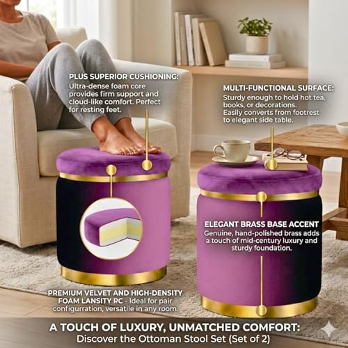 Image of AHAMNA Decorative Ottoman Pouffes for Sitting - Two-Piece Set of Puffy Stools and Footstools - Round Ottoman Stool for Living Room Furniture (Purple)