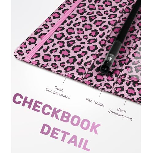 Image of Checkbook Cover for Men Women, Premium Leather Checkbook Holder with RFID Blocking and Built in Clear Plastic Divider for Personal and Business Checks (Leopard-Pink)