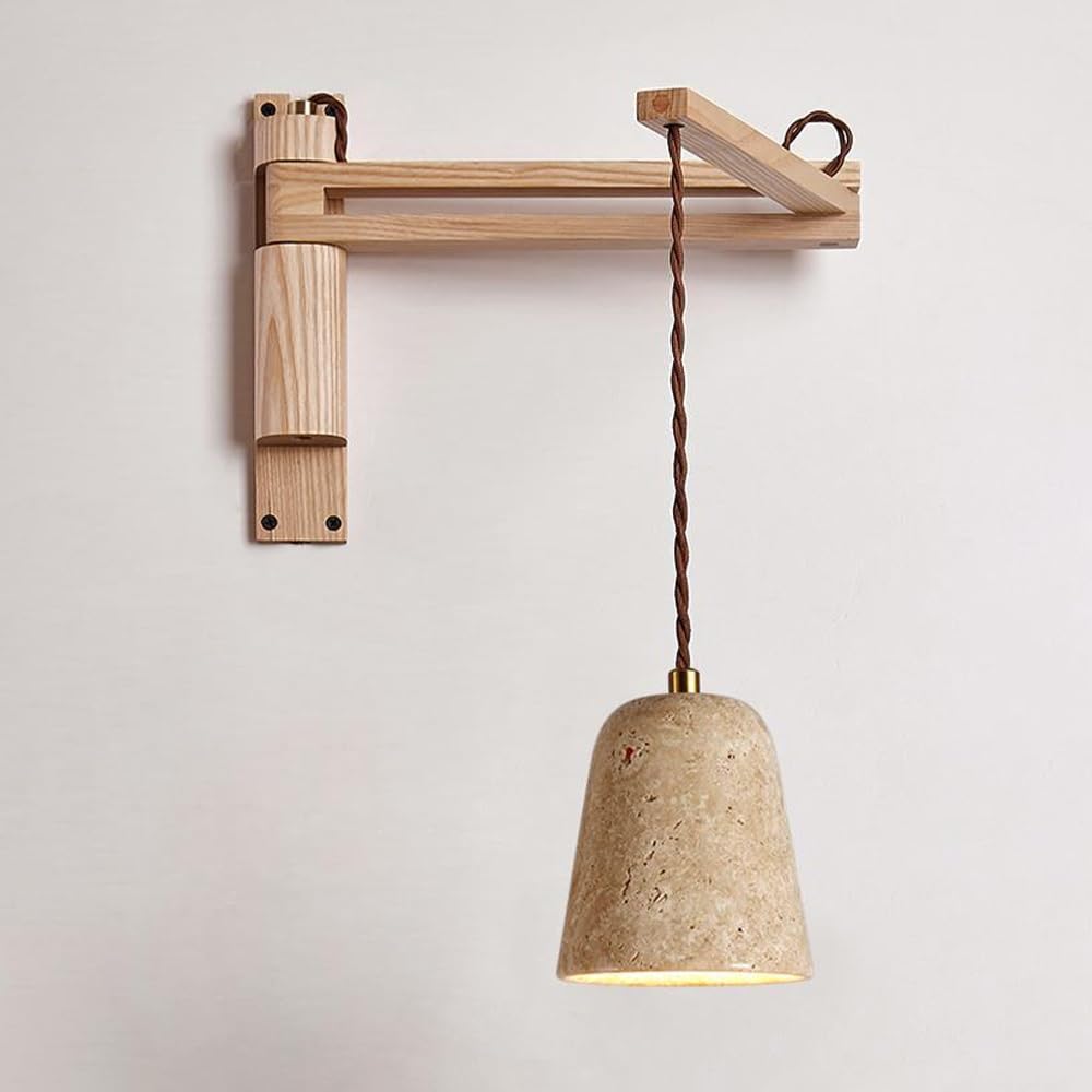 SXWNBIFH Wood Swing Arm Wall Sconce Travertine Shade Wall Light Japanese Farmhouse Style Hardwired Wall Lamp for Bedroom Bedside Farmhouse Hallway Study Dining Room Storage Room(11cm)