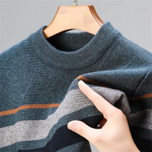 Men's Color Blocked Striped Sweater Round Neck Casual Warm Thick Knitted Pullover3