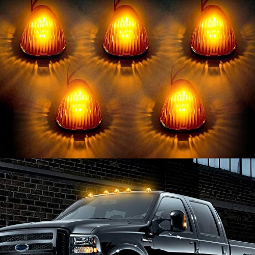 Amber LED Cab Lights Marker Top Roof Running Light 5PC Smoked Len 5-LED Bulbs Aftermarket Replacement for Ford F150 F250 F350 Dodge Ram Jeep SUV Trucks 4X4 ATV Offroad (DK008-Y)