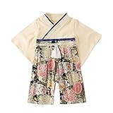 Baby Girl Kimono Romper Japanese Costumes Hakama Coverall Infant Samurai Outfits Apricot S(9-12M)
