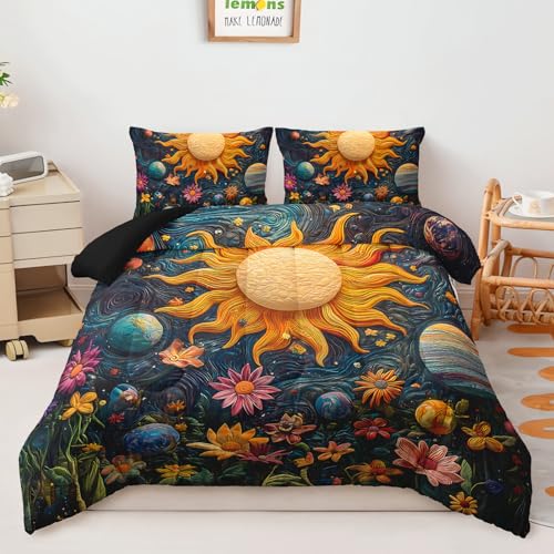 Image of AILONEN Space Galaxy Soft Comforter Set Queen Size,3-Piece Sun Planet Starry Flower Boho Bedding Set,Boys Girls Kids Printed Duvet with 2 Pillowcases