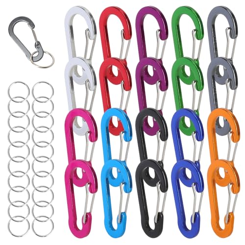 Juego 20 Mosquetones Pequeños de Aluminio,con 20 Anillas para Llaves mosquetón en forma de D Mosquetón Ligero y Colorido 5cm, Mini Mosquetones para Mochila, Camping, Senderismo, Pesca 10 colores
