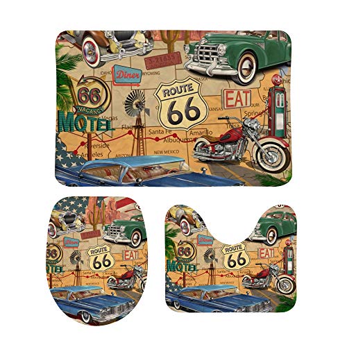 My Daily 3-teiliges Badteppich-Set Route 66 Vintage Style Anti-Rutsch Konturmatte + WC-Deckelbezug + Badvorleger