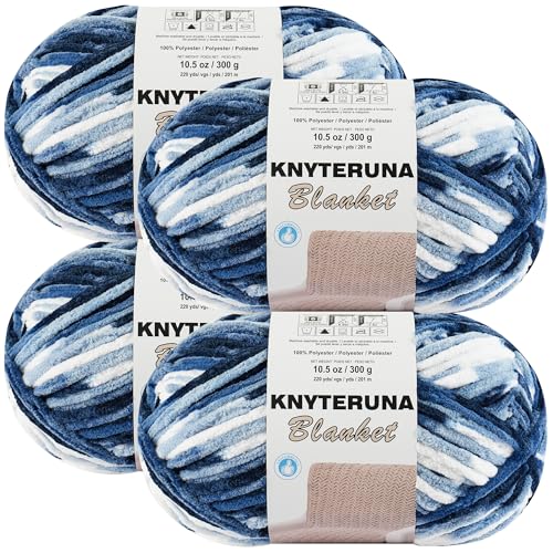 Image of #6 Super Bulky Blanket Yarn for Crocheting - 4 Skeins(Each 10.5oz /300g, 220yds /201m), Chunky Chenille Thick Plush Big Soft Yarn for Crocheting Knitting Blankets, Multi Blue & White