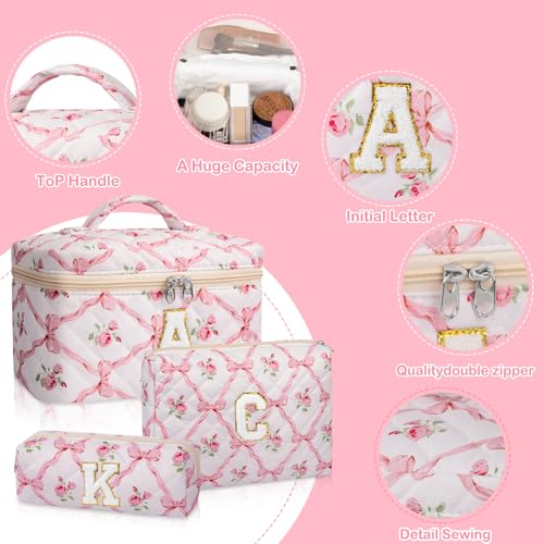 Makeup Bag, Quilted Cosmetic Bag, Large Floral Make Up Bag for Women Girls, Cute Big Cotton Makeup Bag Set, Flower Travel Toiletry Organizer Bag A4