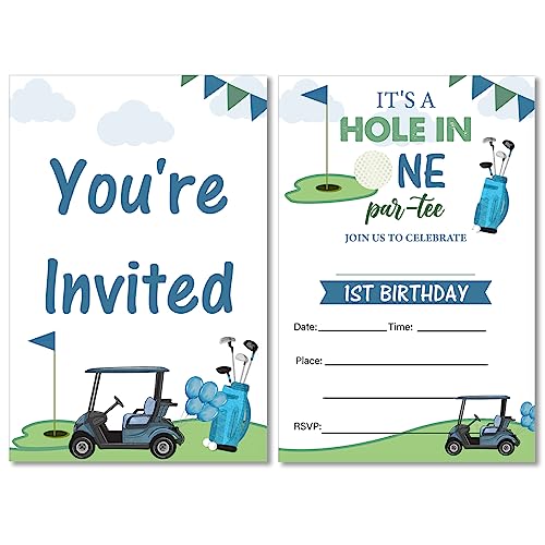 Soiceu Blue Golf 1St Birthday Party Invitations With Envelopes Set Of 20 Par-Tee Golf First Birthday Invites Fill In Blank