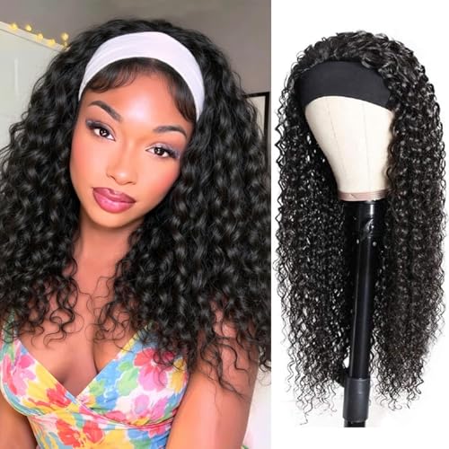 XSY Headband Wig Human Hair 16 Inch Deep Wave Glueless Wig Curly Headband Half Wigs for Black Women Machine Made Wigs 150% Density Natural Color