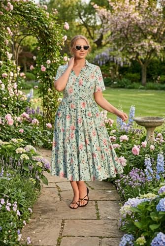 Image of CARCOS Plus Size Dresses for Curvy Women Collared Vneck Short Sleeve Dresses Midi Summer Ruffle Dress with Pocket XL-5XL