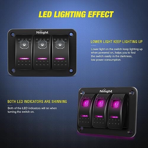 Image of Nilight 3 Gang Aluminum Rocker Switch Panel Pre-Wired | 5 Pin ON Off Pinkish Purple Toggle Switches SPST 12V 24V Night Glow Stickers for Cars Marines Boats Campers RVs