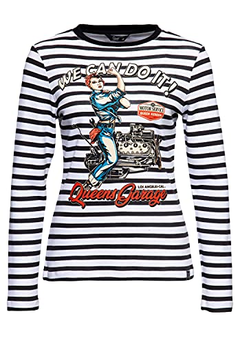Queen Kerosin T-shirt à manches longues pour femme - Coupe droite - Imprimé - Rayures - Coton - We Can Do It, Noir , XS Cover
