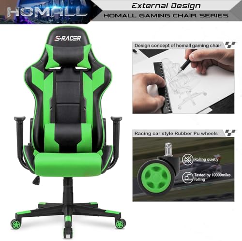 Homall Gaming Chair, Office Chair High Back Computer Chair Leather Desk Chair Racing Executive Ergonomic Adjustable Swivel Task Chair with Headrest and Lumbar Support (Green)
