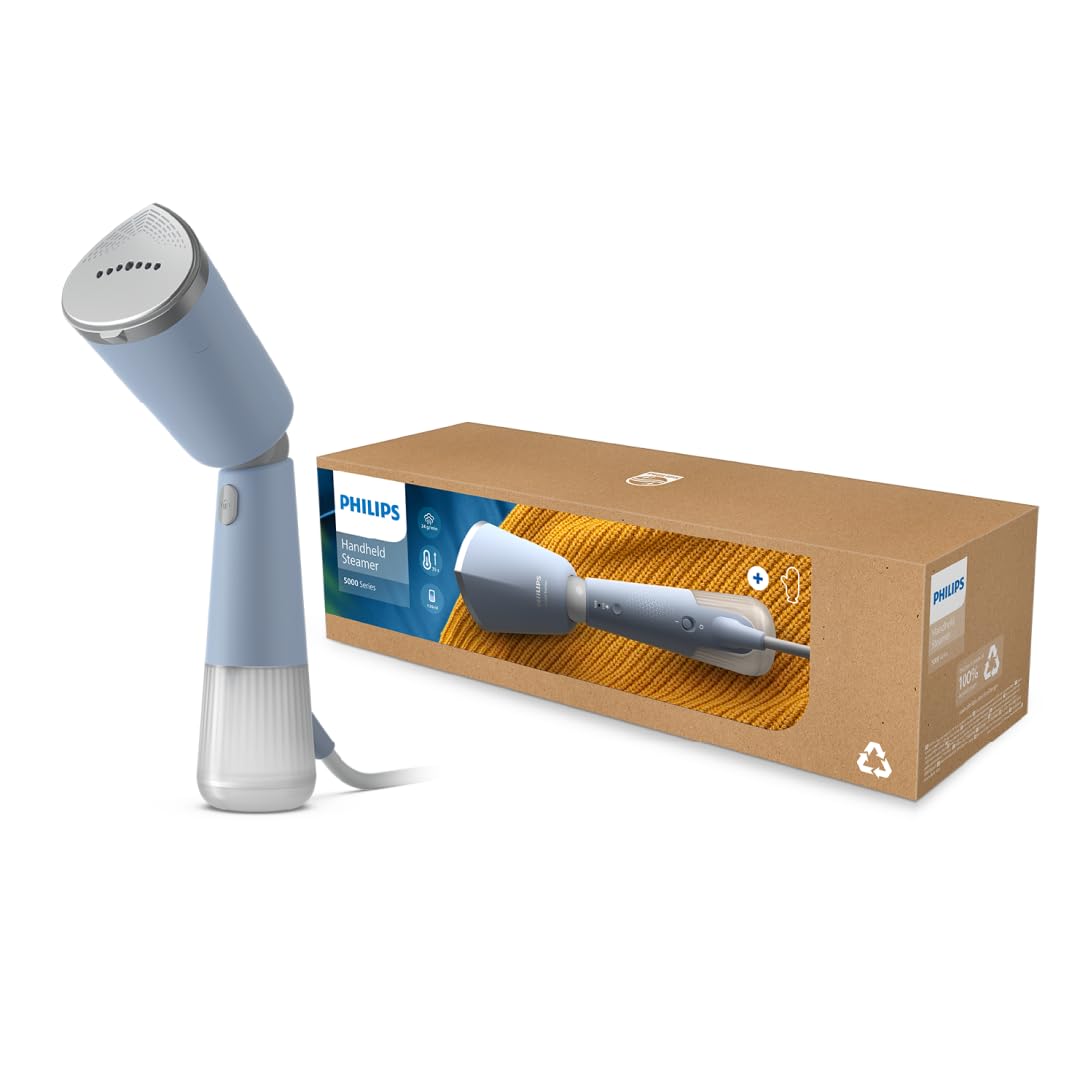 Philips Dampfglätter 5000-Serie - 35 Sekunden Aufheizen, aktiv beheizte Dampfplatte, Eco-Modus, für empfindliche Textilien, dampft vertikal & horizontal, Handschuh & Beutel, himmelblau (STH5020/20)