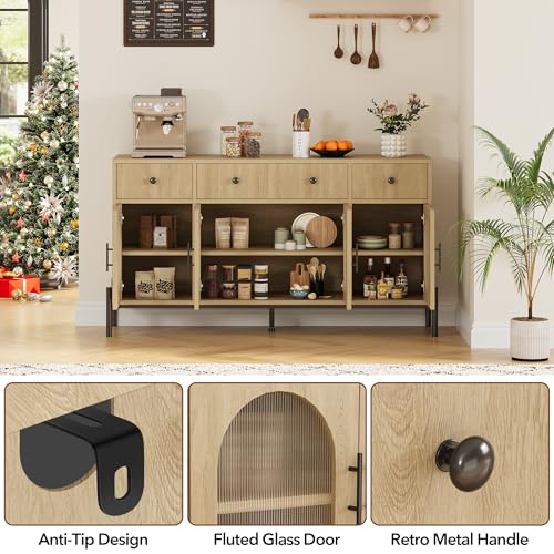 GarveeHome 62" Large Sideboard Buffet Cabinet with Storage and 3 Drawers, Buffet Table Coffee Bar Storage Cabinet with 4 Glass Doors for Dining Room, Living Room, Kitchen