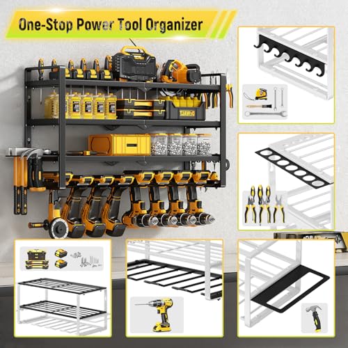 Image of Hipidian Power Tool Organizer Wall Mount - Storage Rack with 4 Drill Holders for Drills Cordless Tools. Heavy Duty Iron Garage Tool Organizer Storage for Workshop Shed (8 Slots 4 Layers)