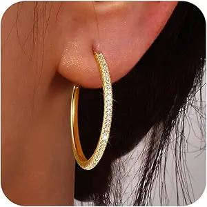 CHESKY Large Rhinestone Post Open Hoop Earrings - 14k Gold Thin Cubic Zirconia Round Hoops 15/20/25/40/50mm Hypoallergenic Sparkly Earrings for Women Trendy Jewelry Gifts