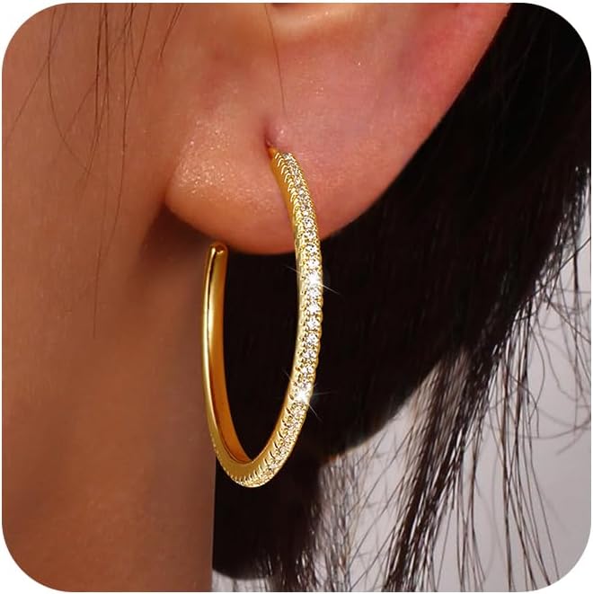 CHESKY Large Rhinestone Post Open Hoop Earrings - 14k Gold Thin Cubic Zirconia Round Hoops 15/20/25/40/50mm Hypoallergenic Sparkly Earrings for Women Trendy Jewelry Gifts