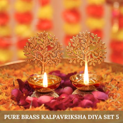 Image of Behoma 100% Pure Brass Kalpvriksha Diya Set of 5 for Puja | Handcrafted Tree of Life Deepak for Mandir, Temple, Home Decor & Office | Decorative Brass Oil Lamp | Diwali Gift & Return Gift