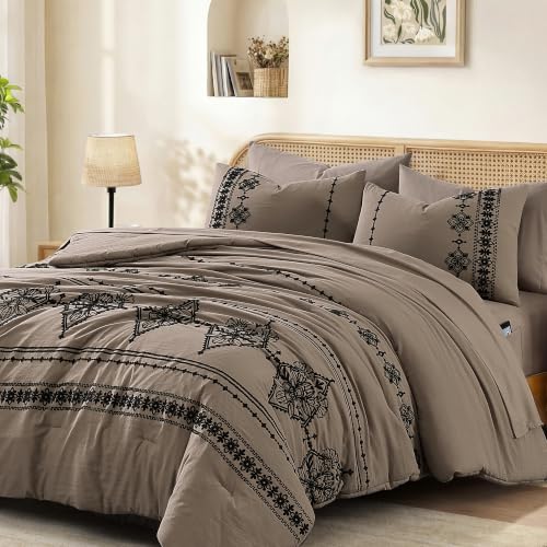Image of MaiReve Full Size Comforter Set Embroidery Floral 7 Pieces Bed in a Bag