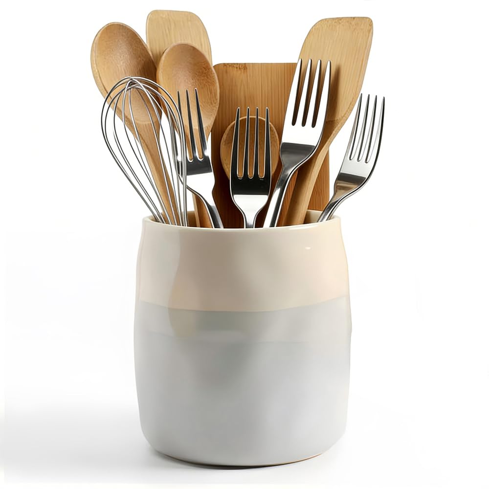Hggzeg Ceramic Kitchen Utensil Holder, Utensil Crock Holder, Cooking Utensils Pot for Countertop Organisation, for Organizing Countertop and Storing Cutlery, Cooking Spoons (Small)