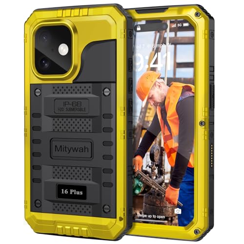 Mitywah Waterproof Case for iPhone 16 Plus Shockproof Heavy Duty Case with Built-in Screen Protector Underwater Full Body Protective Metal Case 6.7 inch Yellow