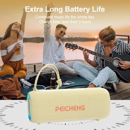 Image of PEICHENG Bluetooth Speaker, Portable Wireless Clear Loud Stereo Sound IPX5 Waterproof with RGB Lights BT5.3 Long Playtime TWS Pairing,for Home Party Outdoor Beach,Great Gift Choice (Beige)