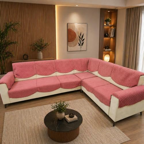 Image of BLUSH & BLOOM 7 Seater L-Shape Sofa Cover, Rose Gold, Quilted Texture, Sectional Couch Protector for Living Room-Pack of 14
