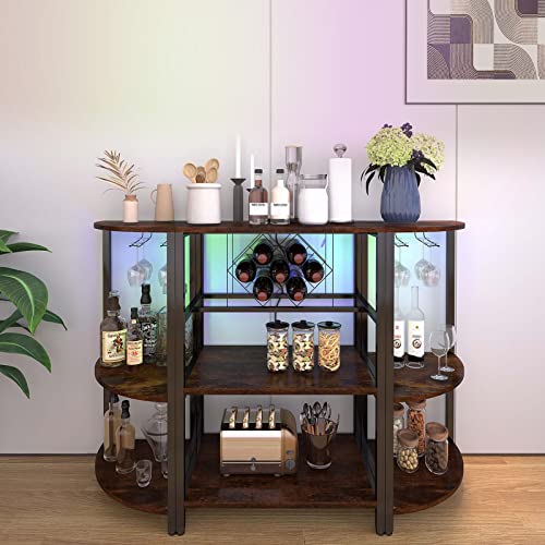 Wine Rack Table With Socket And Led Light 47.3 Inch Wood Coffee Bar Cabinet Detachable With Adjustable Wine Rack, Freestanding Wine Bar Rack, Sideboard And Buffet Cabinet For Liquor And Glasses #TOP1