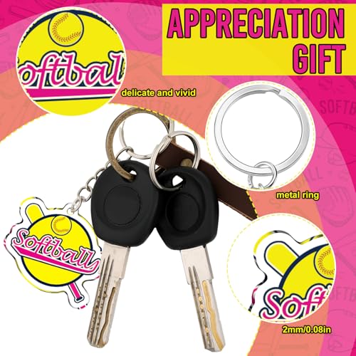 Image of Tondiamo 24 Pcs Softball Acrylic Keychain Gifts Bulk Pink Acrylic Softball Sports Ball Keychain Gifts Go Team Key Ring for Women Men