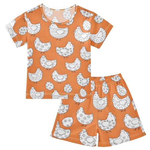 Pajama Short Sets Chicken Eggs Pattern on Orange Soft Cotton Summer Sleepwear 2 Piece PJS Size 5-14T