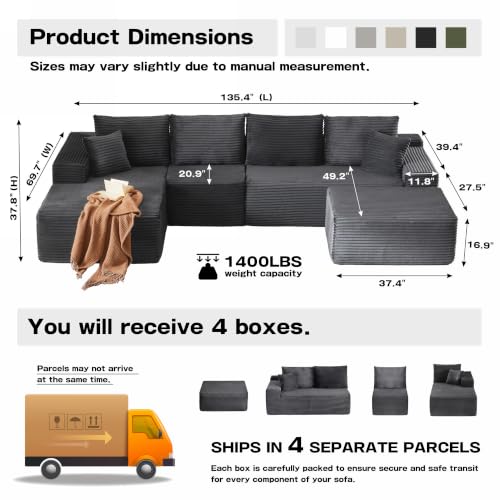 Image of 96 inch Sectional Couches for Living Room Cloud Couch Sofa with L-Shape Upholstered Boneless Couchs Modern Modular Sectional Couch with Chaise (Dark Grey, 136.1 inch U Shape with Left Facing Chaise)