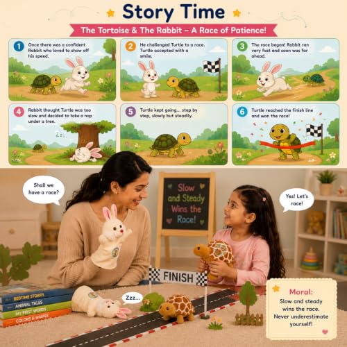 Image of Chi-Chimpu Toyss Rabbit & Turtle Hand Puppet Plush Toy Combo | Storytelling Educational Hand Puppets for Kids | Interactive Learning, Role Play, Parent-Child Bonding | Nursery, Preschool | 2-in-1 Set
