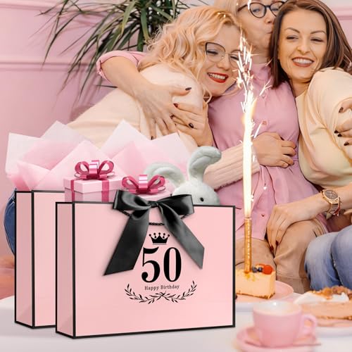 Image of JMANNI 50th Birthday Gift Bag, Pink with Black Satin Bow & Crown Design, Large Happy 50th Birthday Present Bag for Party Favors, Size 14.17 inchx9.84 inchx4.33 inch