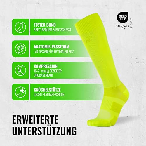 Hochwertige Kompressionsstrümpfe für Damen und Herren, Sprunggelenkschutz und Mittelfußstütze, flache Spitzennähte, für Laufen, Sport, Erholung, Blutzirkulation, Flug, Made in EU (Neon Gelb, Medium) - 2