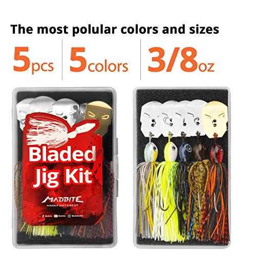 MadBite-Bladed-Jig-Fishing-Lures-5-pc-and-3-pc-Multi-Color-Kits-Irresistible-Vibrating-Action-Sticky-Sharp-Heavy-Wire-Needle-Point-Hooks-Popular-38-oz-and-12-oz-Sizes-includes-Storage-Box